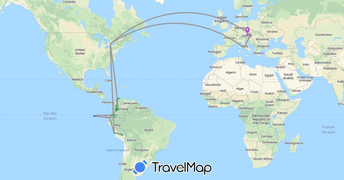 TravelMap itinerary: driving, bus, plane, cycling, train, hiking, boat, motorbike in Austria, Canada, Colombia, Ecuador, Italy, Peru (Europe, North America, South America)